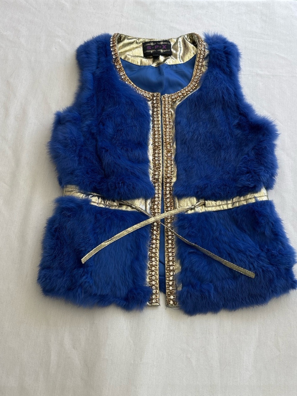 Blue Real Fur Vest with Gold Trim